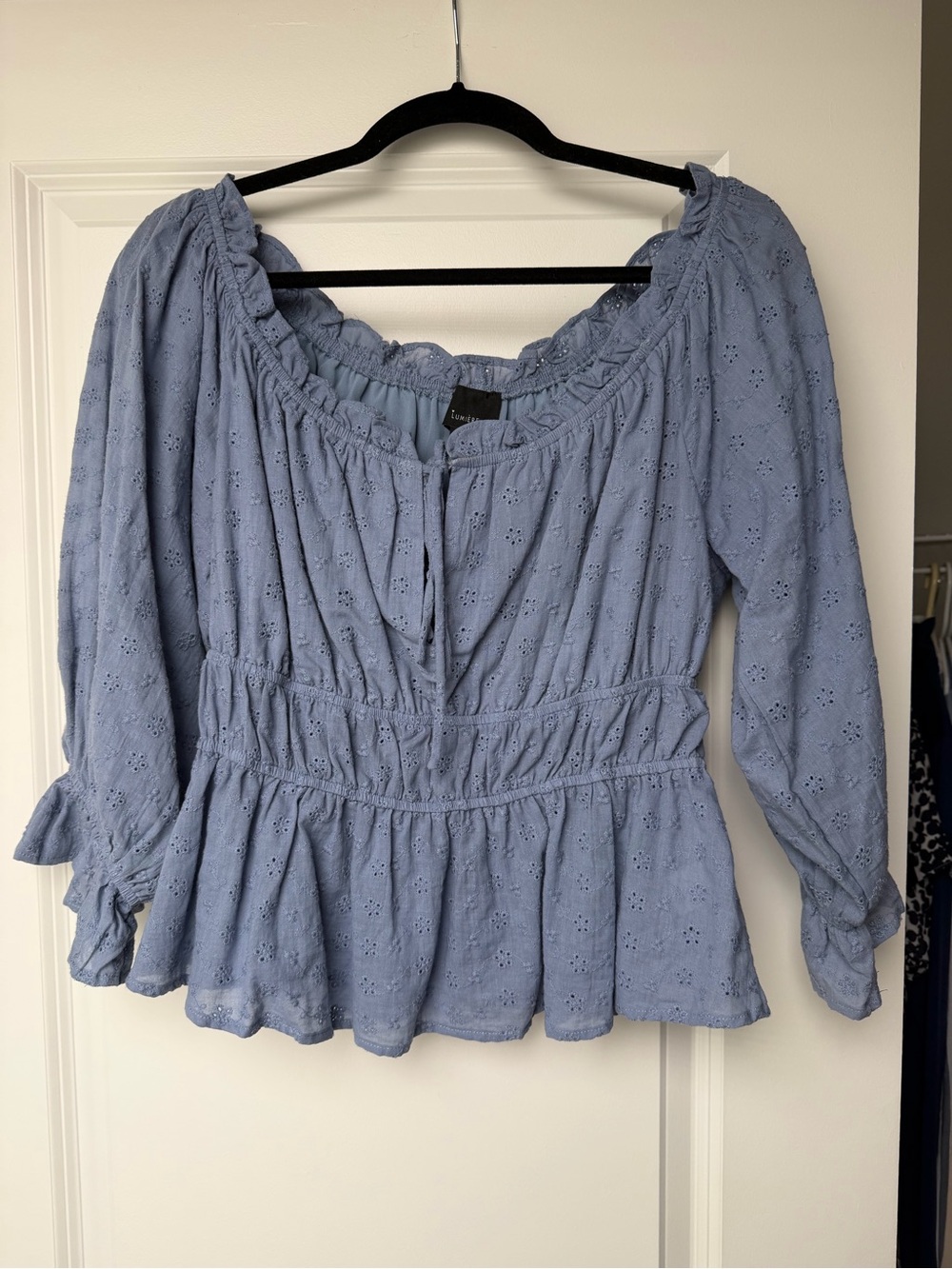 Lumiere Light Blue Eyelet Peplum Blouse